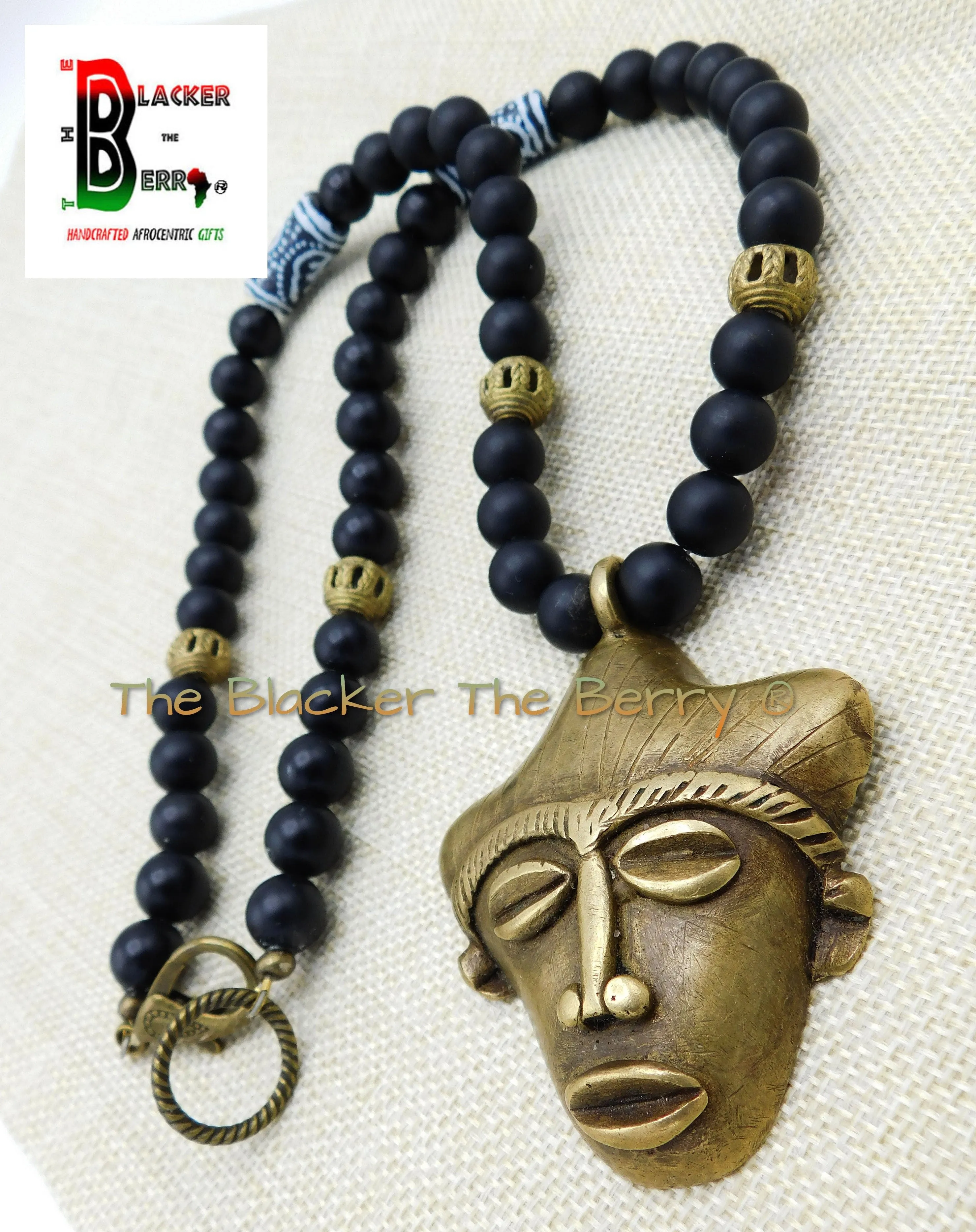 African Men Necklaces Brass Black Beaded Gye Nyame Long Ethnic Afrocentric Handmade Jewelry