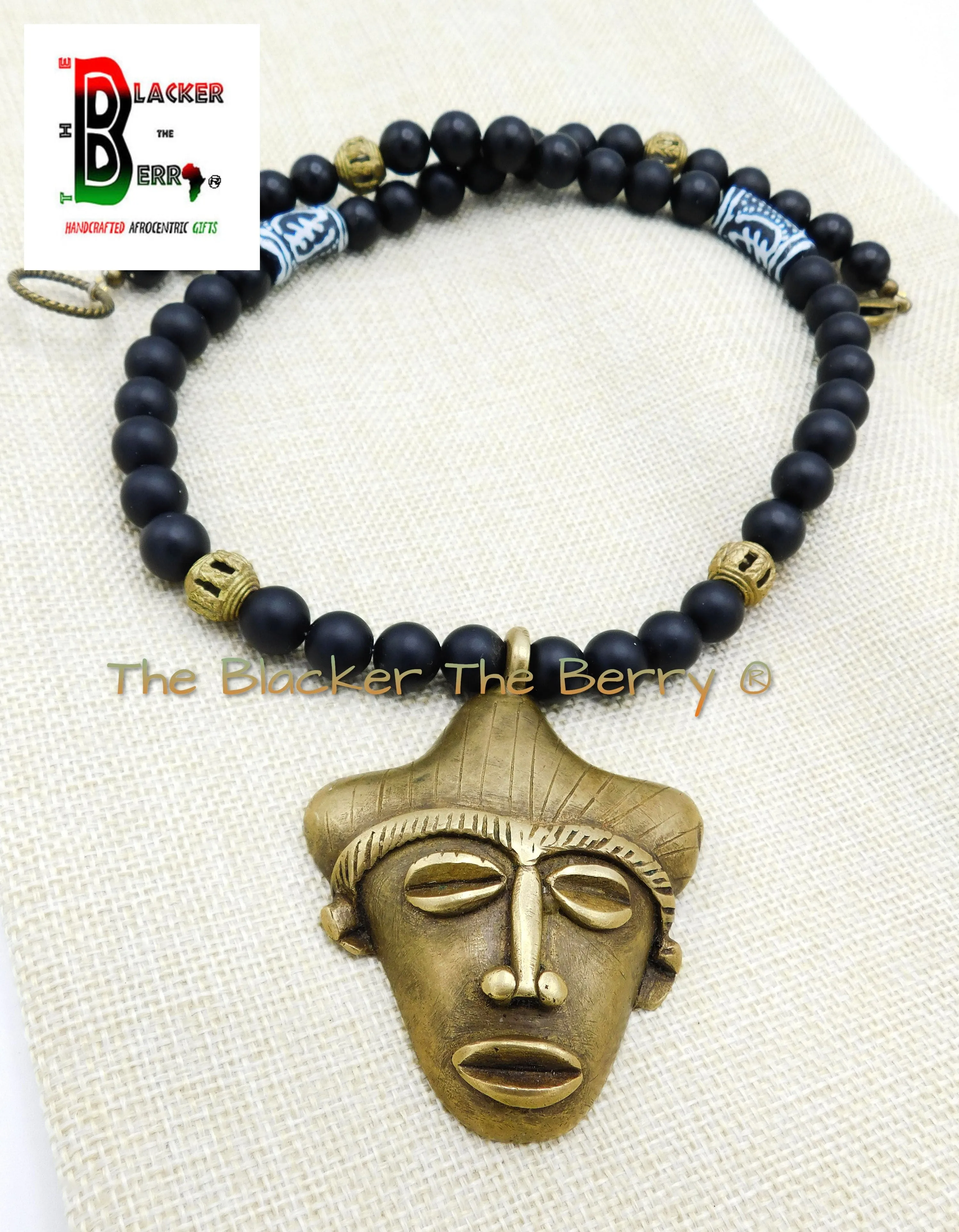 African Men Necklaces Brass Black Beaded Gye Nyame Long Ethnic Afrocentric Handmade Jewelry