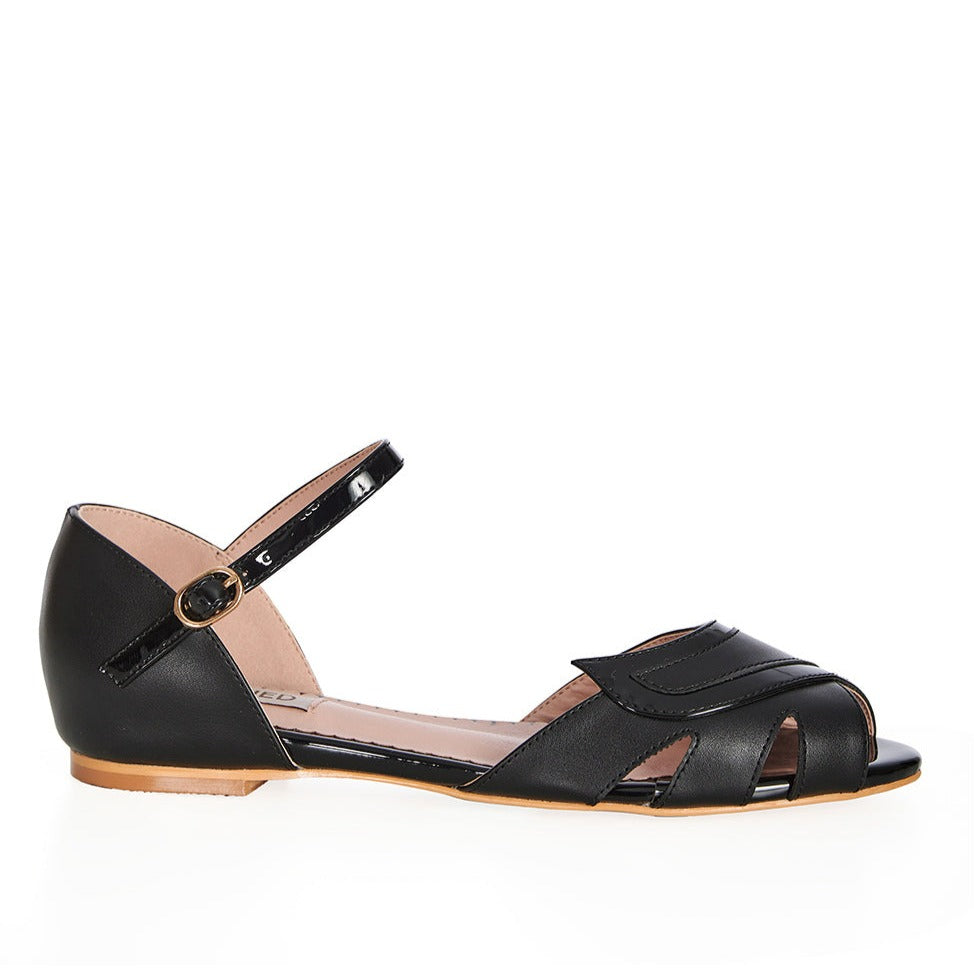 Black Ankle Strap Peep Toe Flat Sandal