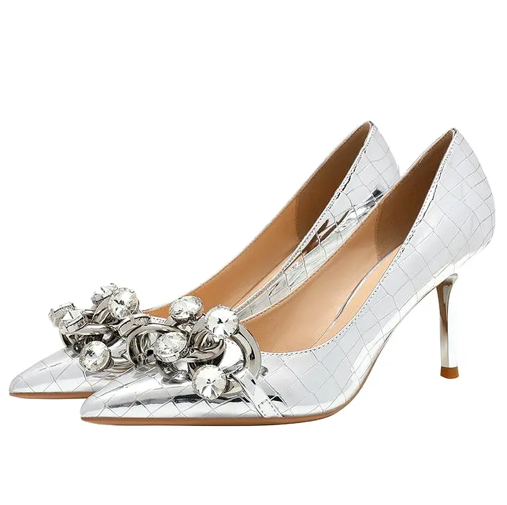 Fashion Leather Pumps with Chain Sexy High Heels Silver Party Women