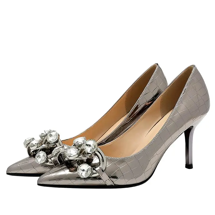 Fashion Leather Pumps with Chain Sexy High Heels Silver Party Women