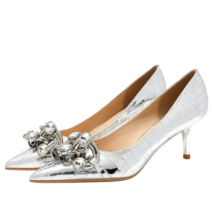 Fashion Leather Pumps with Chain Sexy High Heels Silver Party Women