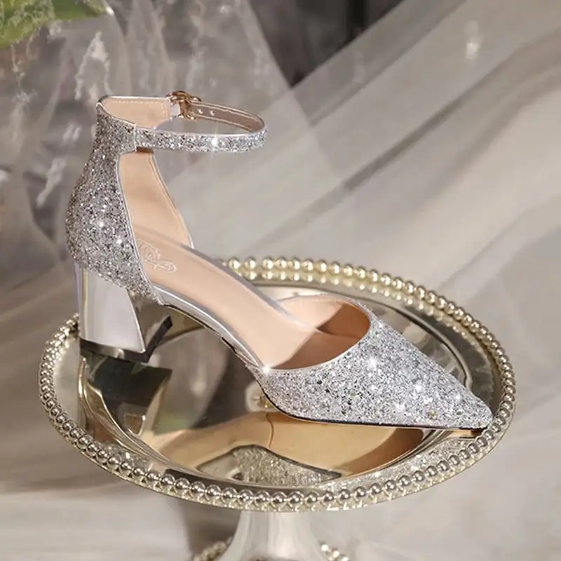 Gold Silver Sequins High Heels Pumps Ankle Straps Wedding Shoe