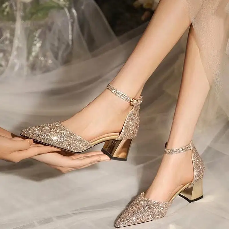 Gold Silver Sequins High Heels Pumps Ankle Straps Wedding Shoe