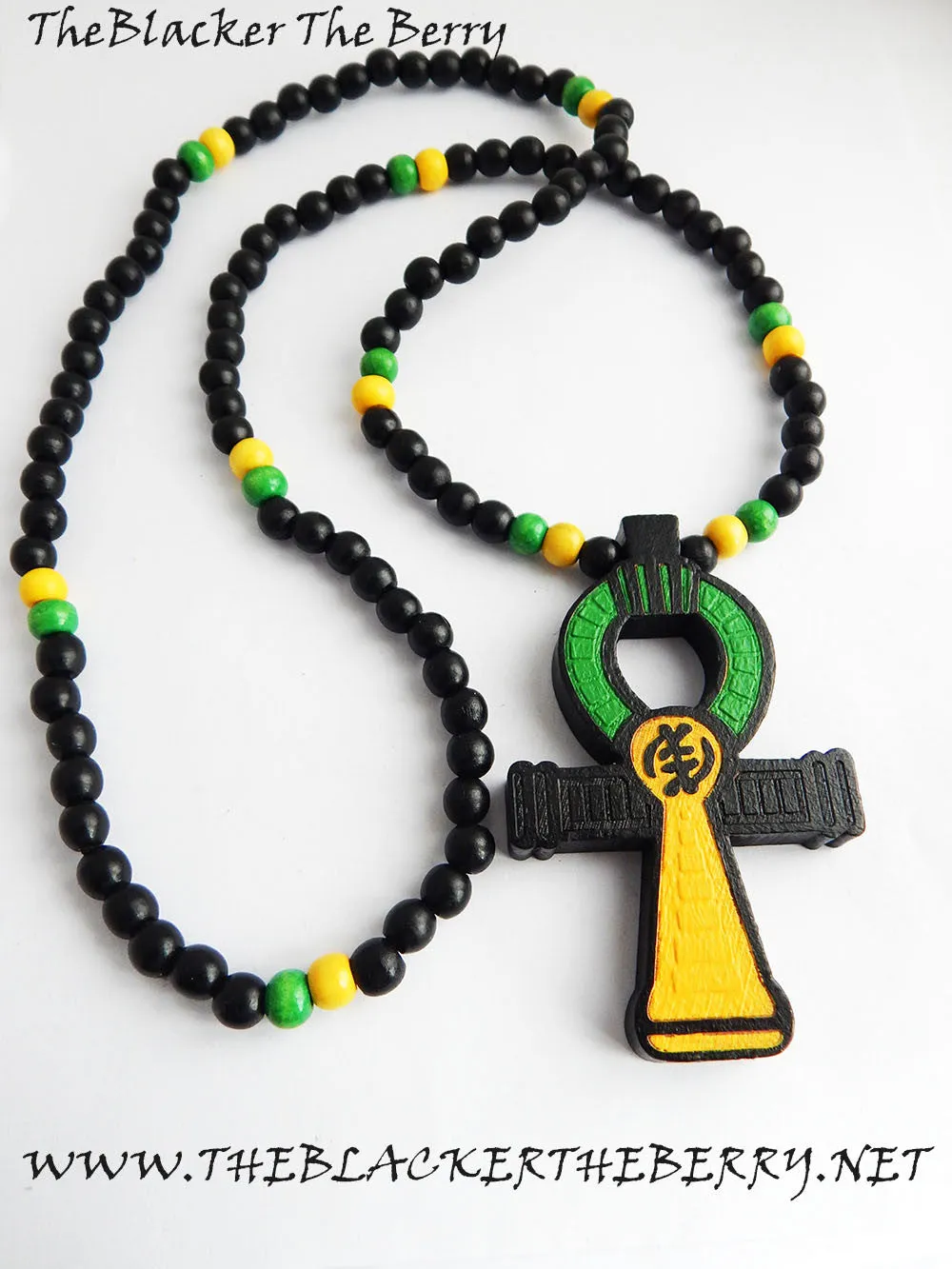 Large Ankh Wood Necklace Beaded Yellow Green Jamaican Men Ankhs Pendant Jamaica Wooden Ethnic Gift Ideas for Him