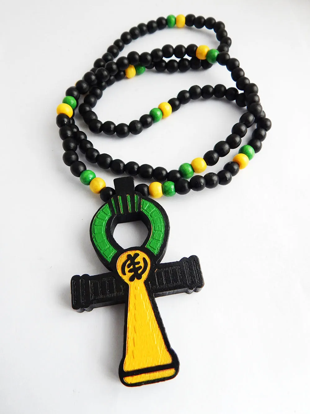 Large Ankh Wood Necklace Beaded Yellow Green Jamaican Men Ankhs Pendant Jamaica Wooden Ethnic Gift Ideas for Him