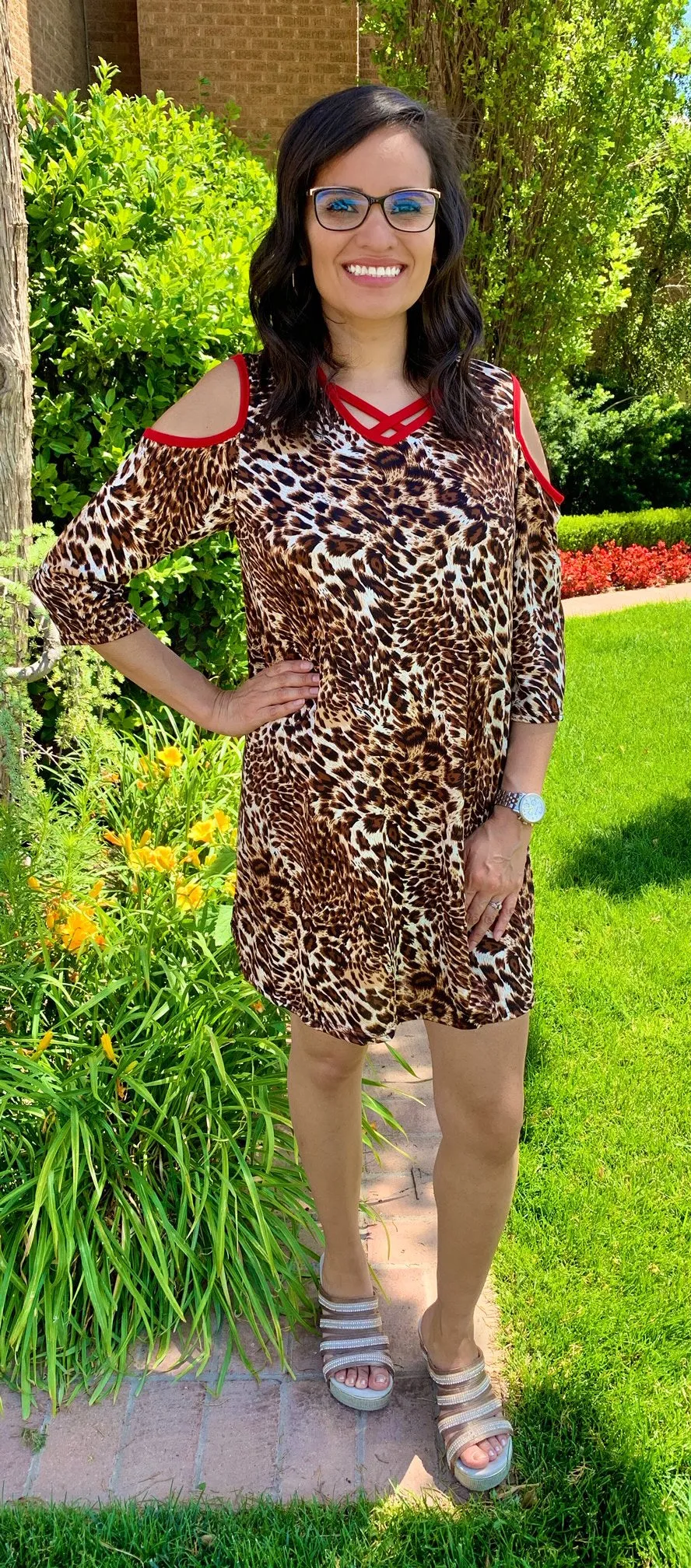 Leopard Flutter Tunic with Red Criss Cross Neck & Cold Shoulders