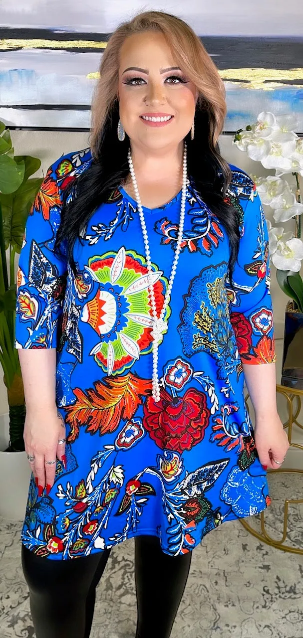 M-L * Blue Floral Flutter Tunic