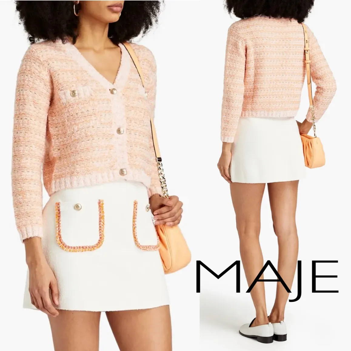 maje  |Casual Style Tweed Cropped Long Sleeves Plain Cotton