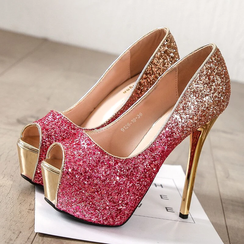 Office Shoes Peep Toe Square heel Slip On Sequined High Heels