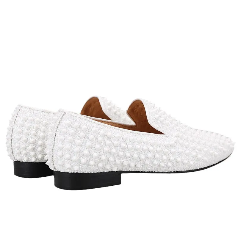 OneDrop Handmade White Spikes Men Slip-On Smoking Slippers Red Outsole Party Wedding Birthday Prom Loafers