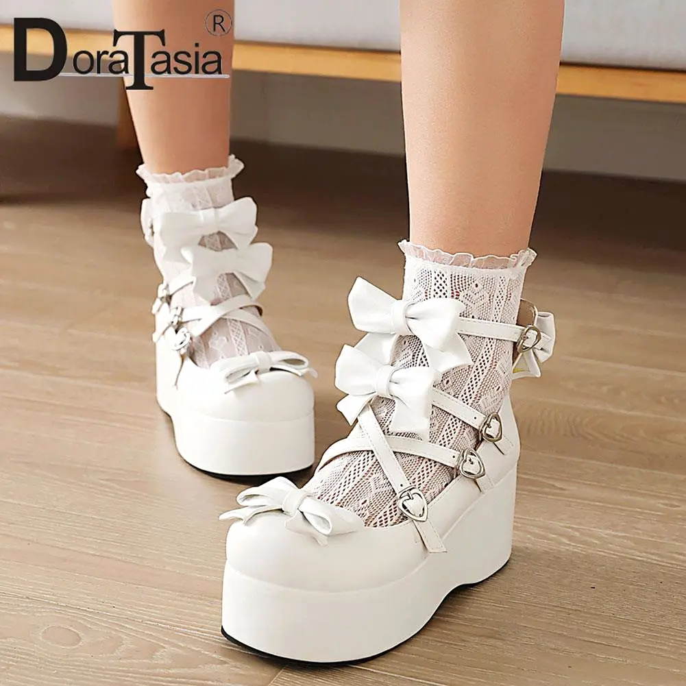 Platform Lolita Pumps Fashion Bow Buckle Wedges High Heels Mary Janes Pumps Sweet Woman Shoes