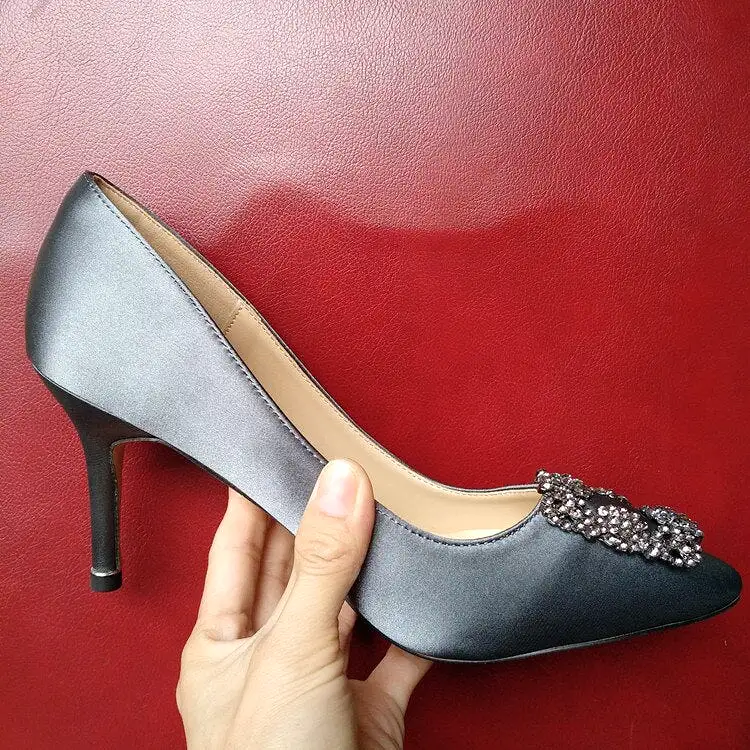 Satin Rhinestones High Heels Buckle  Pump