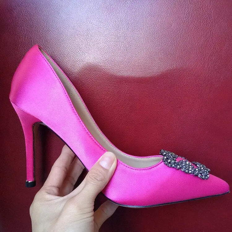 Satin Rhinestones High Heels Buckle  Pump