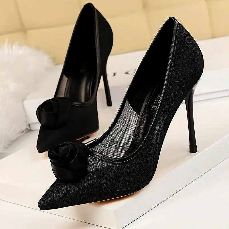 Shoes Rose Flower Woman Pumps Mesh Hollow High Heels Sexy Party Shoes