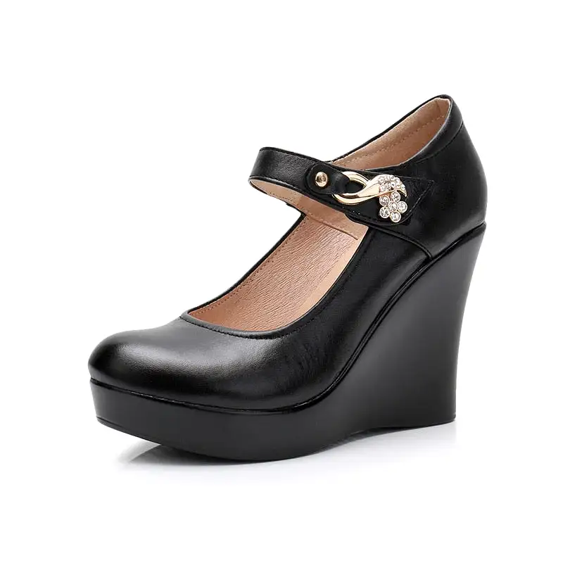 Spring Autumn Genuine Leather Women's Fashion High Heels Pumps Wedges Black Color Female Platform Shoes Large size