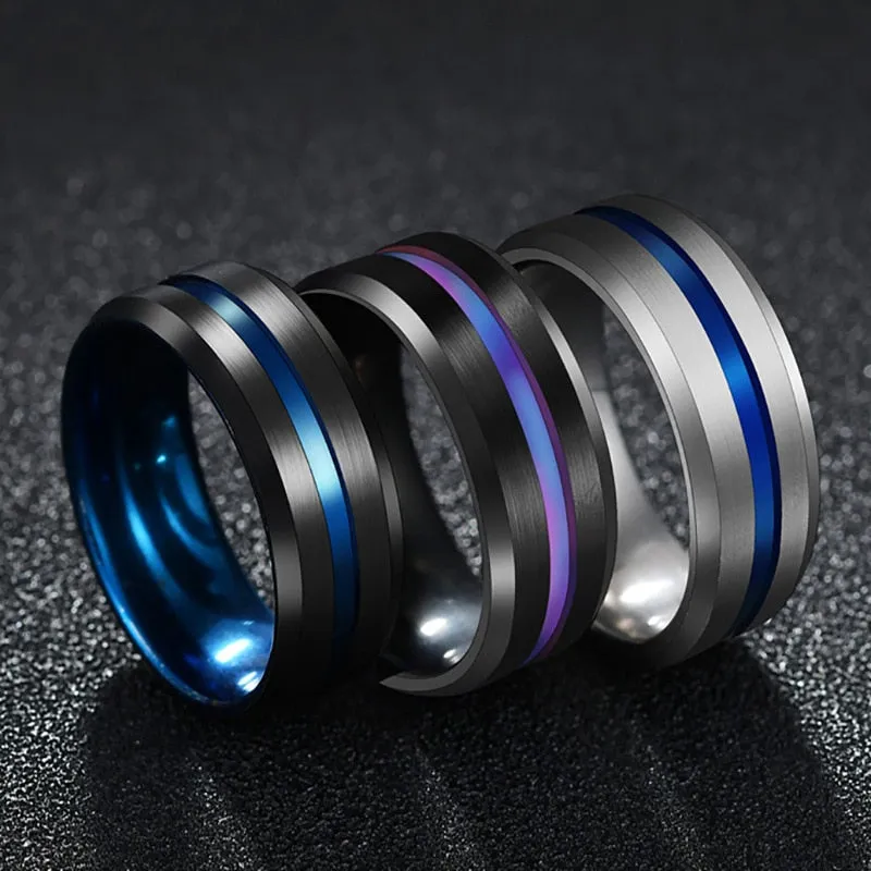 Stainless steel Black Titanium Rainbow Groove Rings 8MM