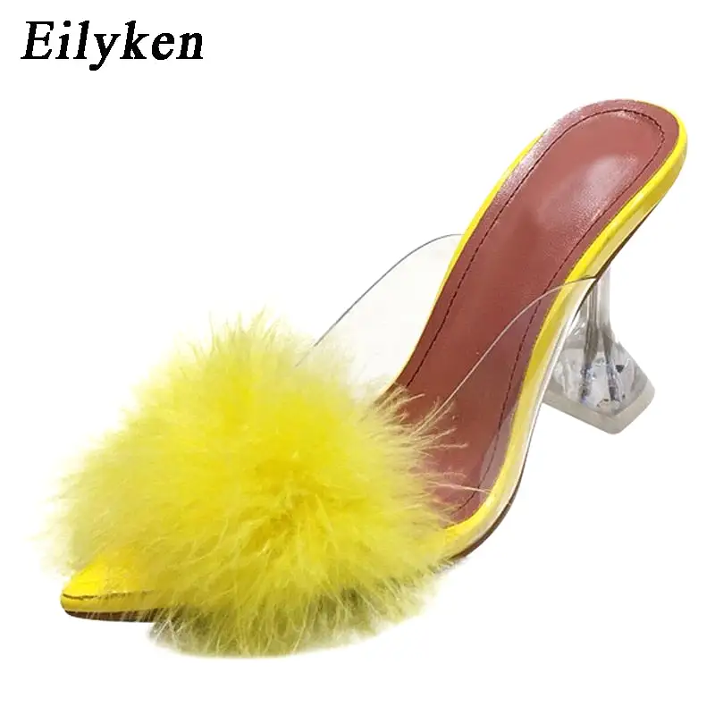 Transparent Feather High Heels Fur Slippers Woman Peep Toe Mules Lady Pumps Slides White Shoes