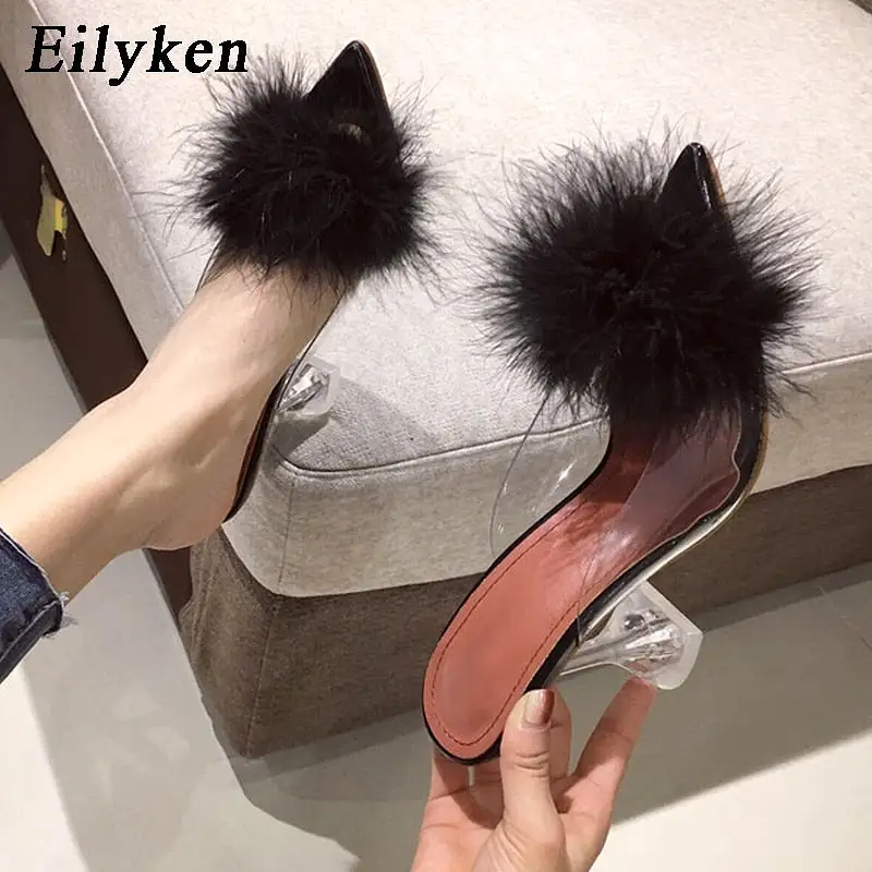 Transparent Feather High Heels Fur Slippers Woman Peep Toe Mules Lady Pumps Slides White Shoes