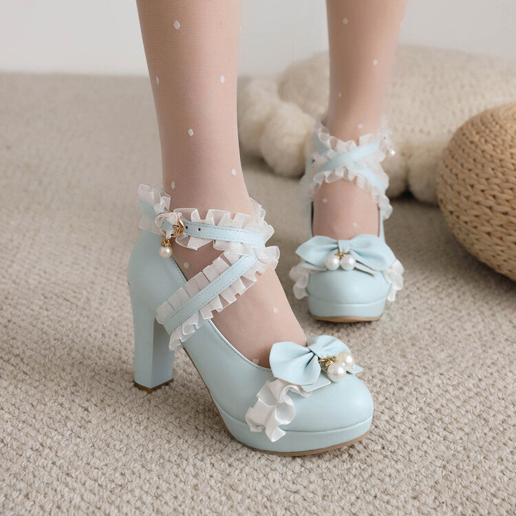 Women's Almond Toe Lace Bow Tie Pearls Chunky Heel Platform Pumps