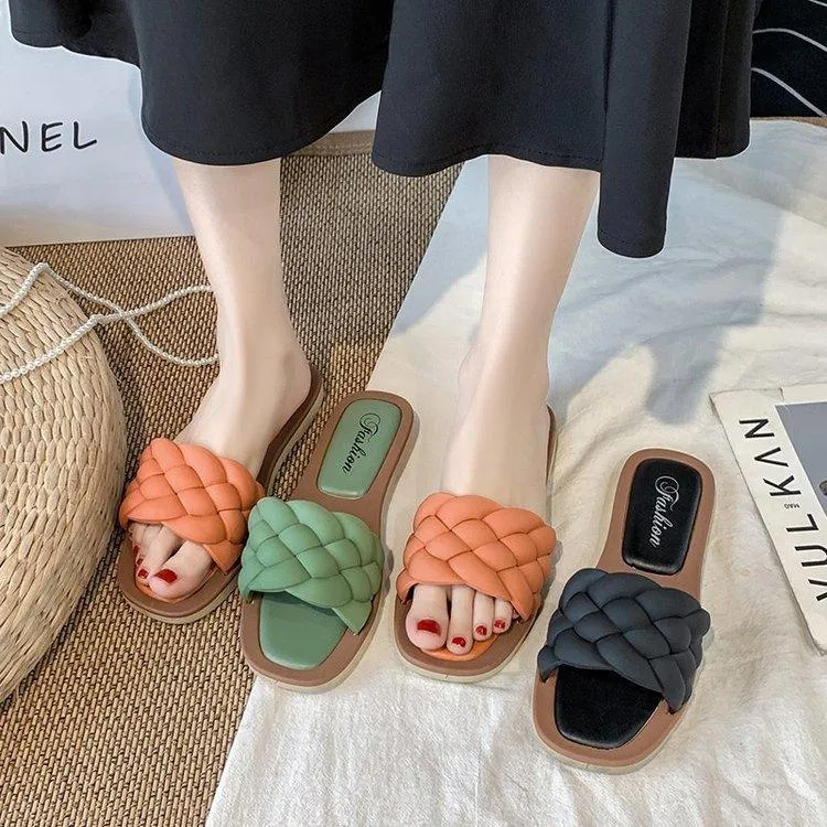 Women's Braided Weave Rubber Sole Open Toe Beach Casual Flat Sandals