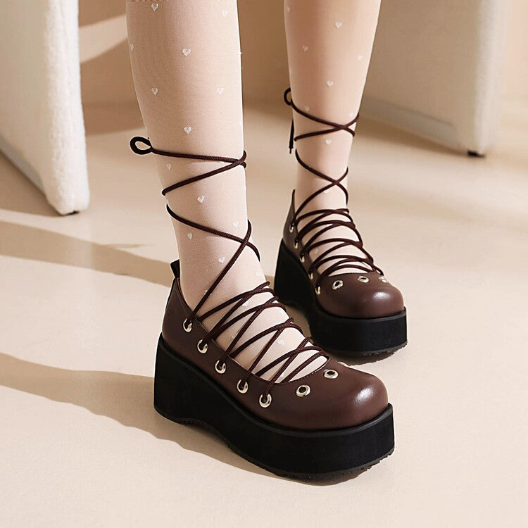 Women's Crossed Tied Straps Wedge Heel Platform Pumps