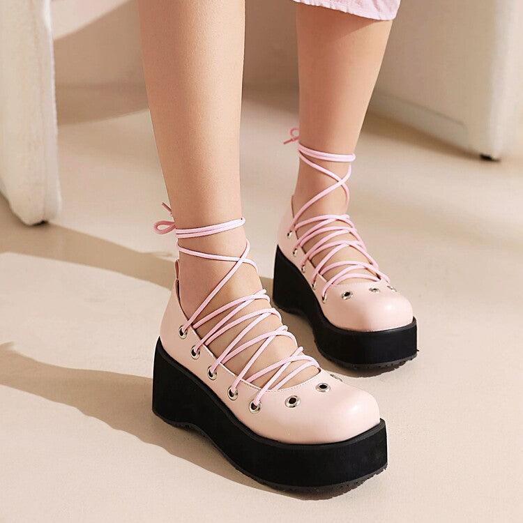 Women's Crossed Tied Straps Wedge Heel Platform Pumps