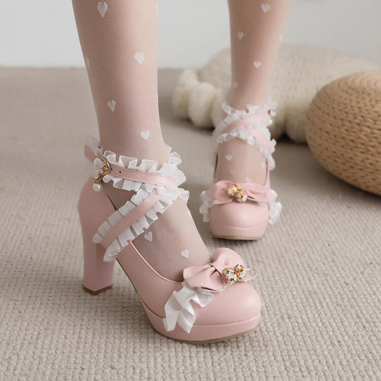 Women's Lace Bow Tie Pearls Chunky Heel Platform Pumps