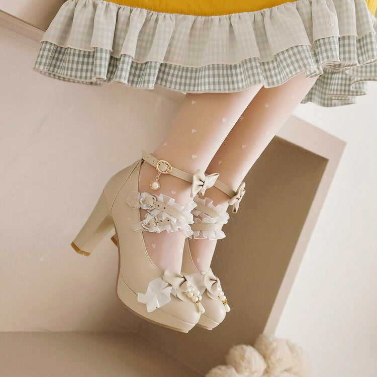 Women's Lolita Almond Toe Lace Bow Tie Pearls Chunky Heel Platform Pumps