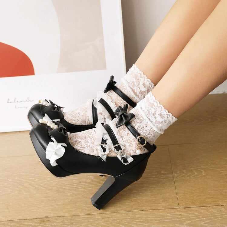 Women's Lolita Almond Toe Lace Bow Tie Pearls Chunky Heel Platform Pumps