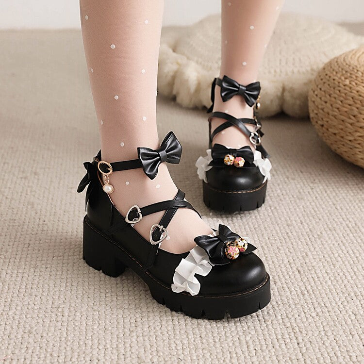 Women's Lolita Lace Bow Tie Chunky Heel Platform Pumps