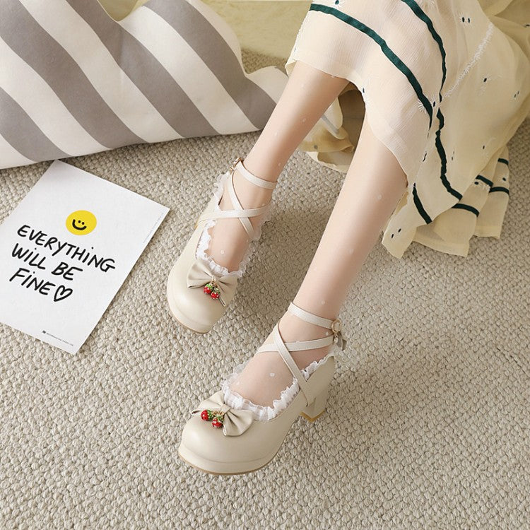 Women's Lolita Lace Bow Tie Chunky Heel Platform Pumps