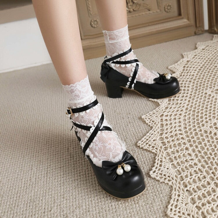 Women's Lolita Lace Bow Tie Pearls Chunky Heel Platform Pumps