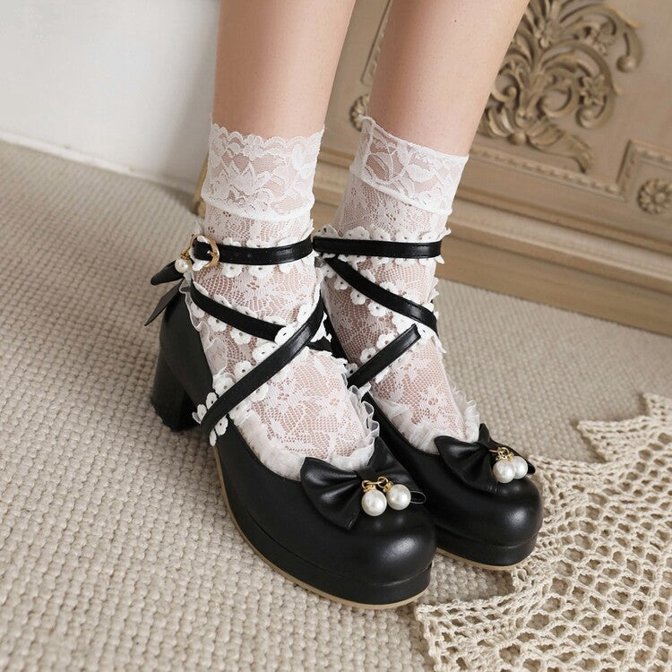 Women's Lolita Lace Bow Tie Pearls Chunky Heel Platform Pumps