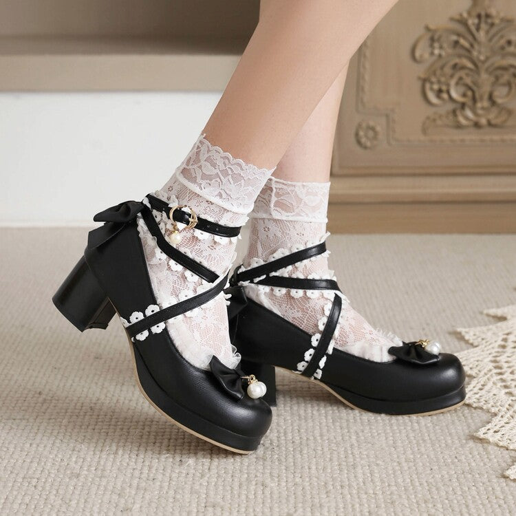 Women's Lolita Lace Bow Tie Pearls Chunky Heel Platform Pumps