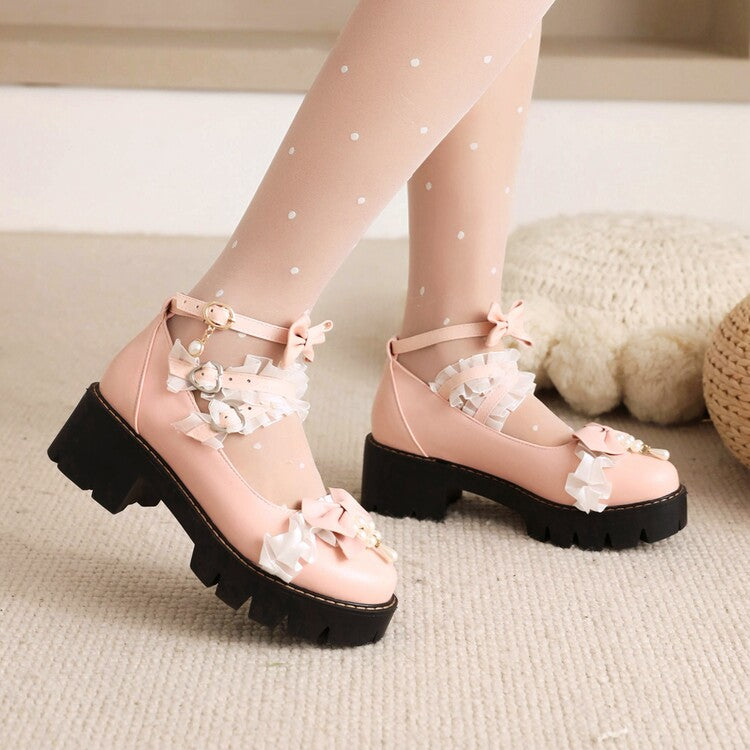 Women's Lolita Lace Bow Tie Pearls Chunky Heel Platform Pumps