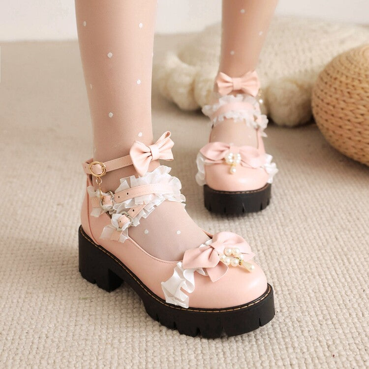 Women's Lolita Lace Bow Tie Pearls Chunky Heel Platform Pumps