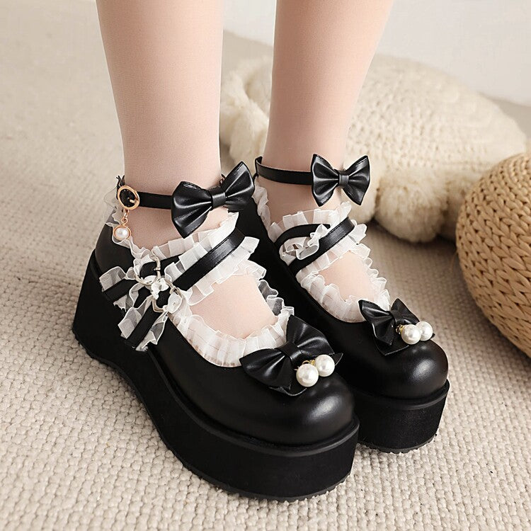 Women's Lolita Lace Bow Tie Pearls Wedge Heel Platform Pumps