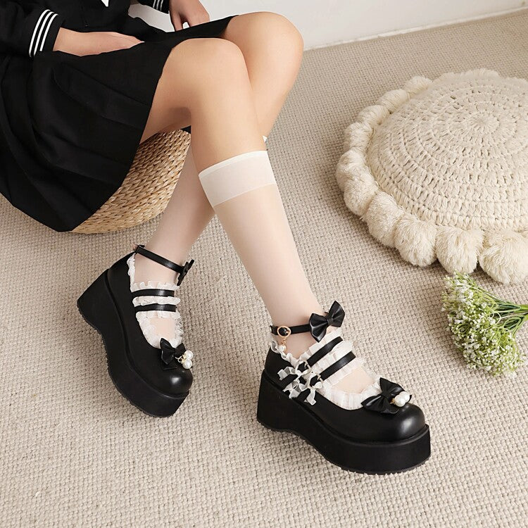 Women's Lolita Lace Bow Tie Pearls Wedge Heel Platform Pumps