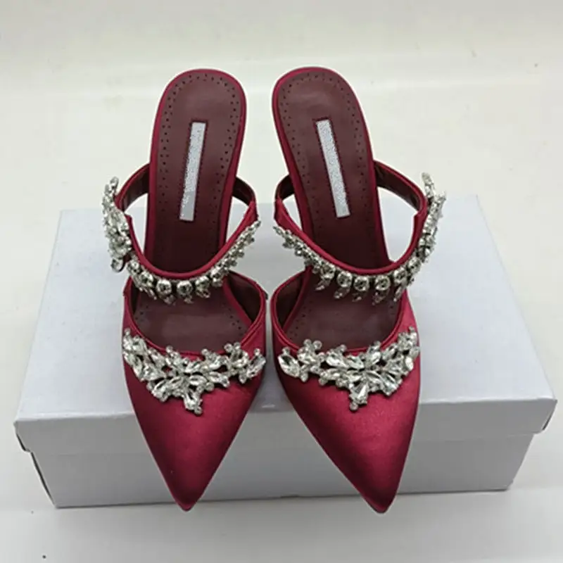 Yellow high heels satin rhinestone pointed sandals