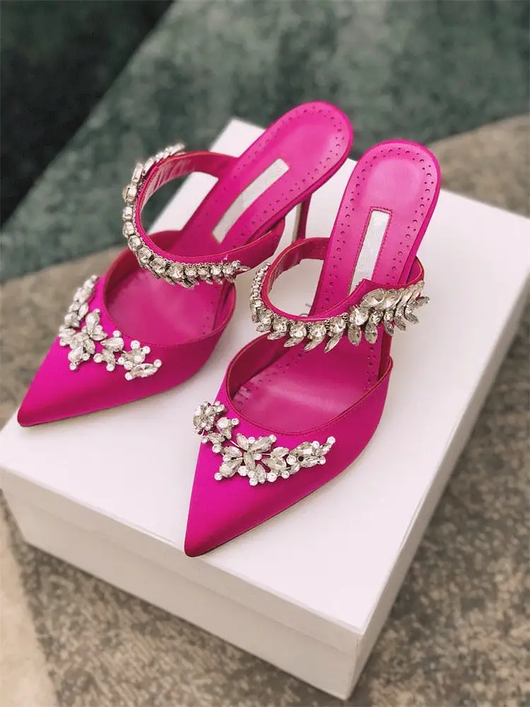 Yellow high heels satin rhinestone pointed sandals