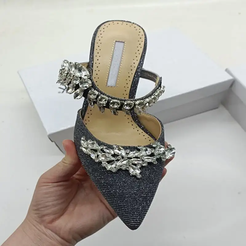 Yellow high heels satin rhinestone pointed sandals